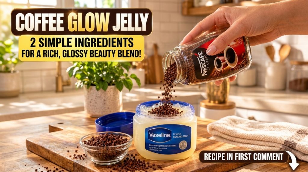 A hand pouring instant coffee granules from a NESCAFE CLASSIC jar into a tub of Vaseline Original Healing Jelly The scen