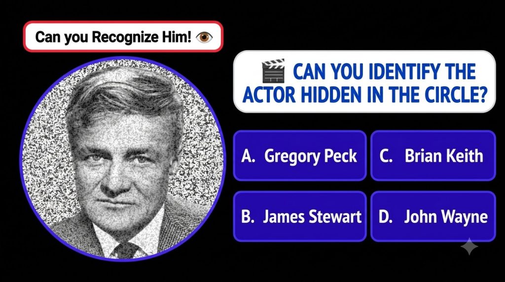 A grainy black-and-white portrait of an older man in a blue-bordered circle typical of a guess the actor quiz