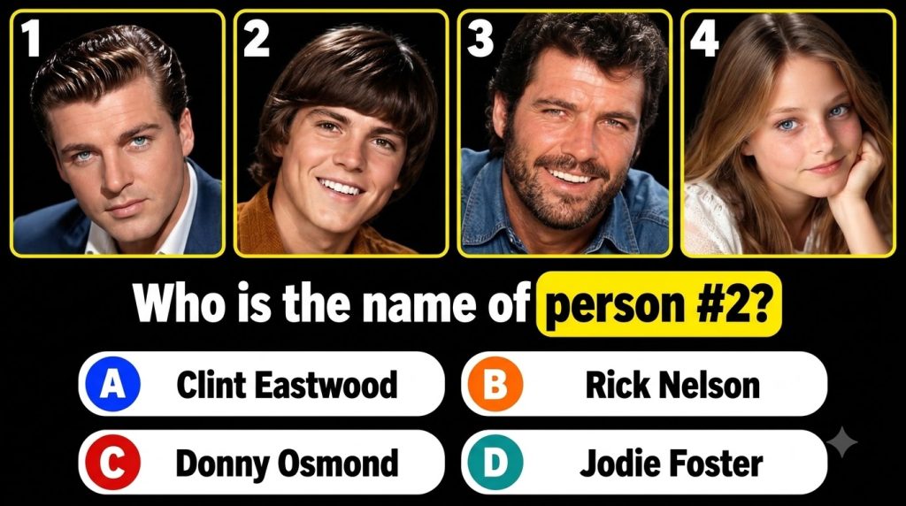 A black background quiz image with four distinct portrait-style headshots in yellow frames arranged in a 2x2 grid The to