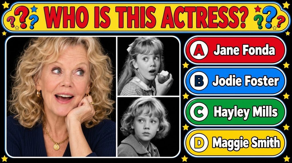A celebrity multiple-choice quiz image showing an older woman with curly blonde hair and two smaller black and white por