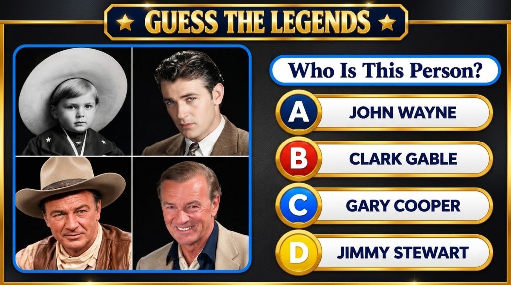 A multi-panel quiz interface showing four portraits of Gary Cooper at different ages with the title GUESS THE LEGENDS an