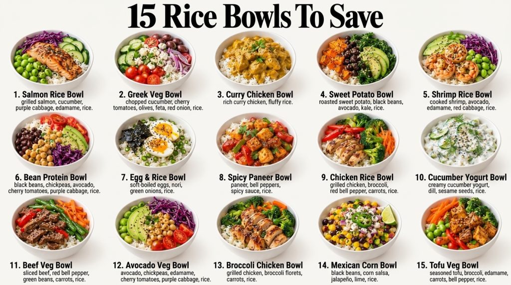 A collection of 15 vibrant healthy rice bowls arranged in a grid featuring salmon shrimp chicken and various colorful ve