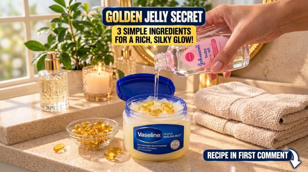 A hand pouring baby oil into a jar of Vaseline which contains golden vitamin E capsules with a lit candle and more capsu