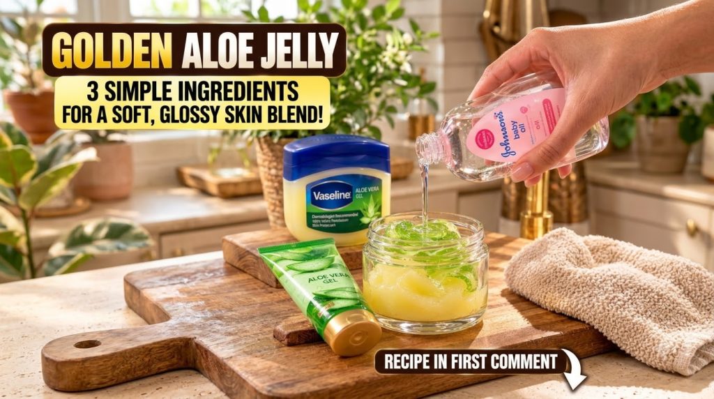 A hand pouring Johnson s baby oil into a clear glass jar which already contains a mixture of yellow petroleum jelly and 