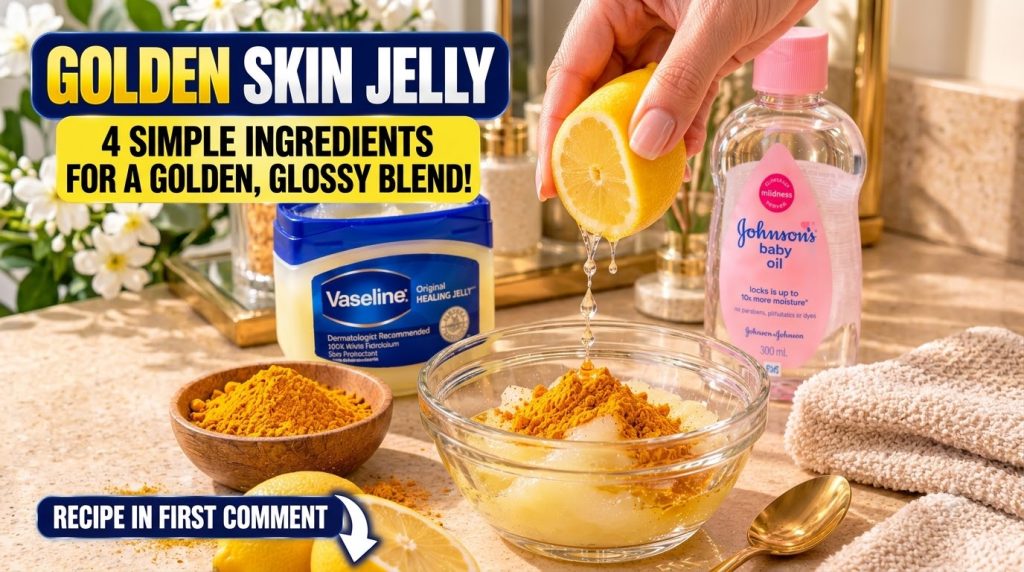 A hand squeezing a lemon with juice dripping into a bowl of yellow jelly and turmeric powder alongside Vaseline baby oil