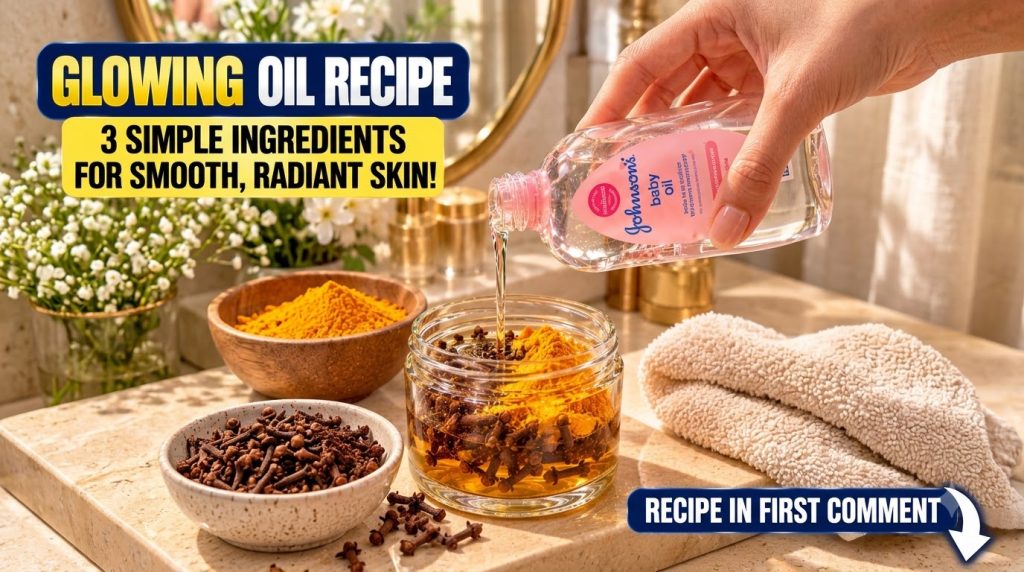 A hand pouring clear baby oil into a glass jar containing yellow turmeric powder and whole cloves with bowls of ingredie