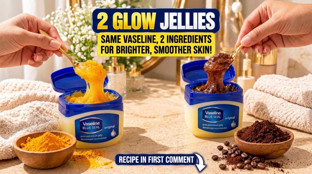 An open jar of yellow glow jelly made with Vaseline and turmeric with a golden spoon scooping some out Bowls of turmeric