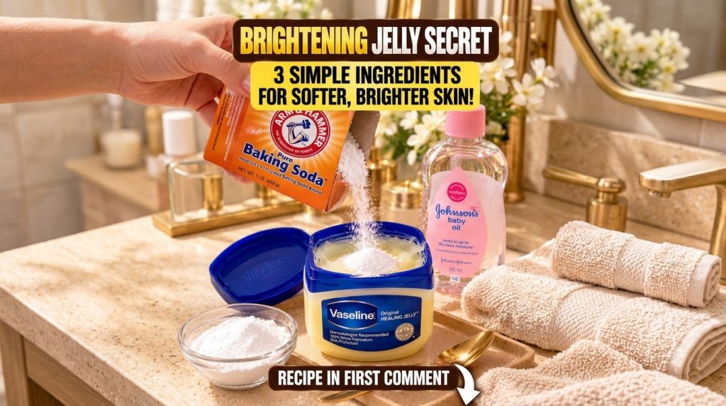 A hand pouring baking soda from a box into a jar of Vaseline on a light-colored tray with a bottle of baby oil and a sma