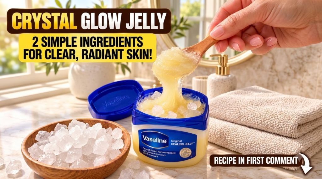 A hand scooping thick golden crystal-infused jelly from a tub of Vaseline Original Healing Jelly with a wooden spoon The