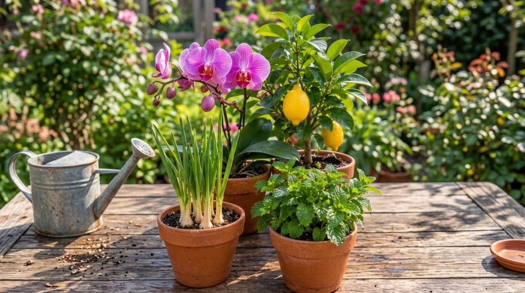 A beautiful healthy garden scene featuring vibrant green mint plants strong garlic shoots and blooming orchids all looki