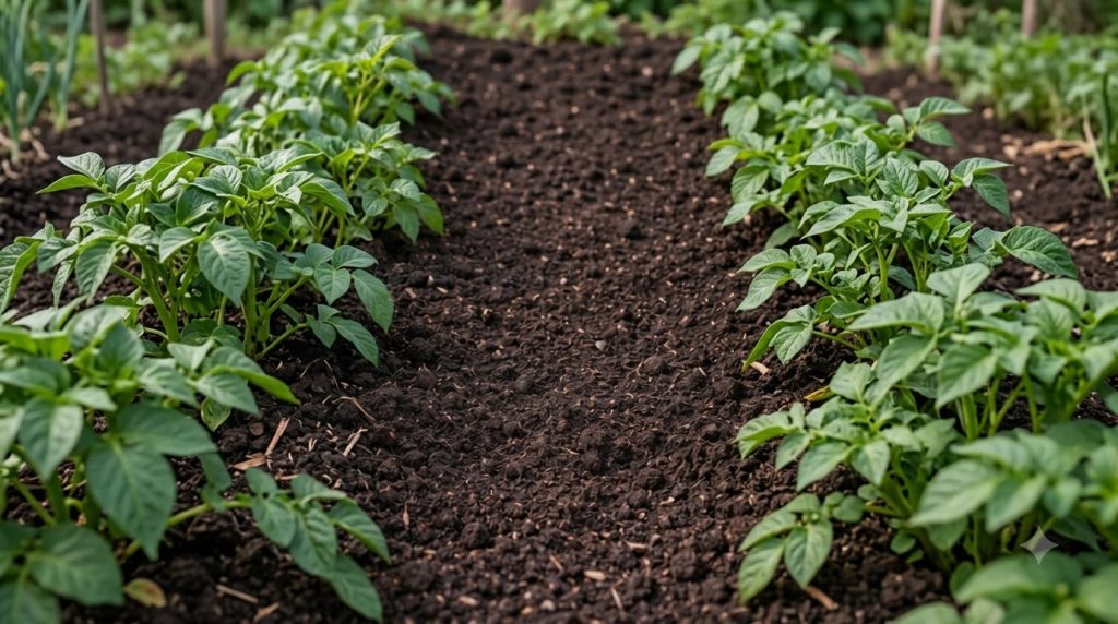 A close-up of a gardener s hands sifting wood ash into garden soil where potatoes will be planted