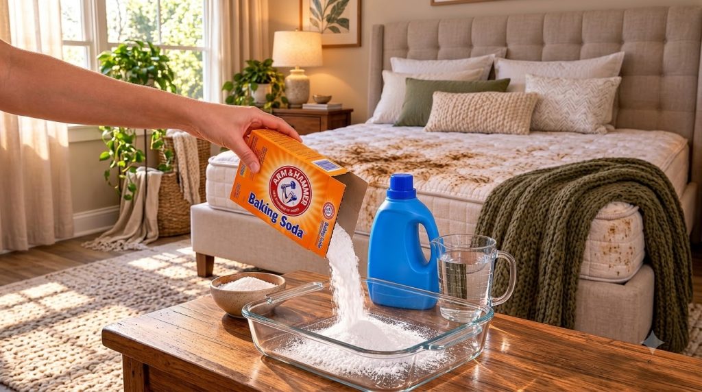 A hand pouring baking soda into a glass dish with a blue detergent bottle a measuring cup of water and a bowl of granula
