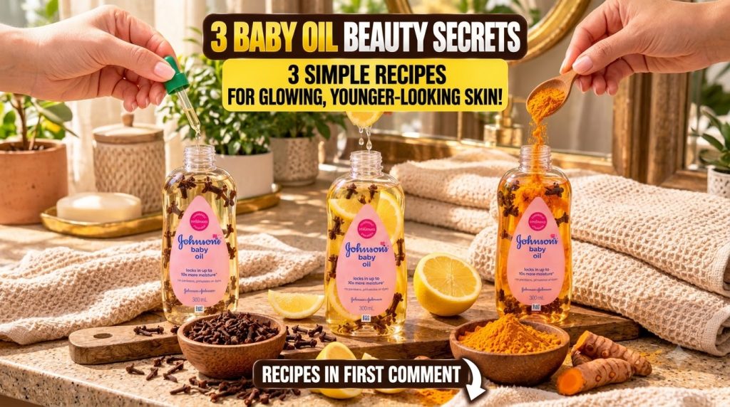 Three bottles of Johnson s baby oil infused with cloves lemon and turmeric Hands are actively adding these ingredients w