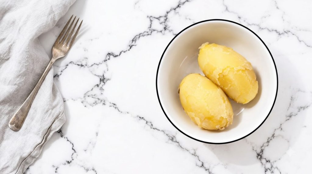 Two peeled boiled potatoes in a white bowl on a white marble surface