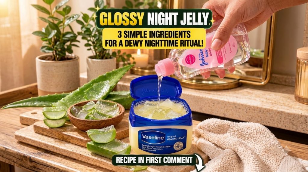 The preparation of a Glossy Night Jelly skincare recipe showing a tub of Vaseline fresh aloe vera leaves and a bottle of