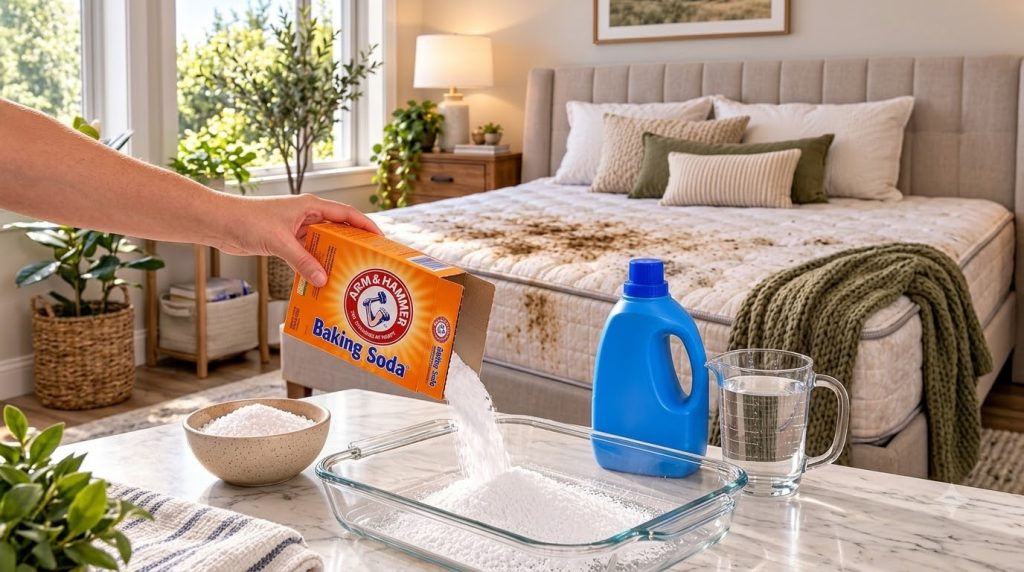 A hand pouring baking soda into a glass dish with a stained mattress and cleaning supplies in the background