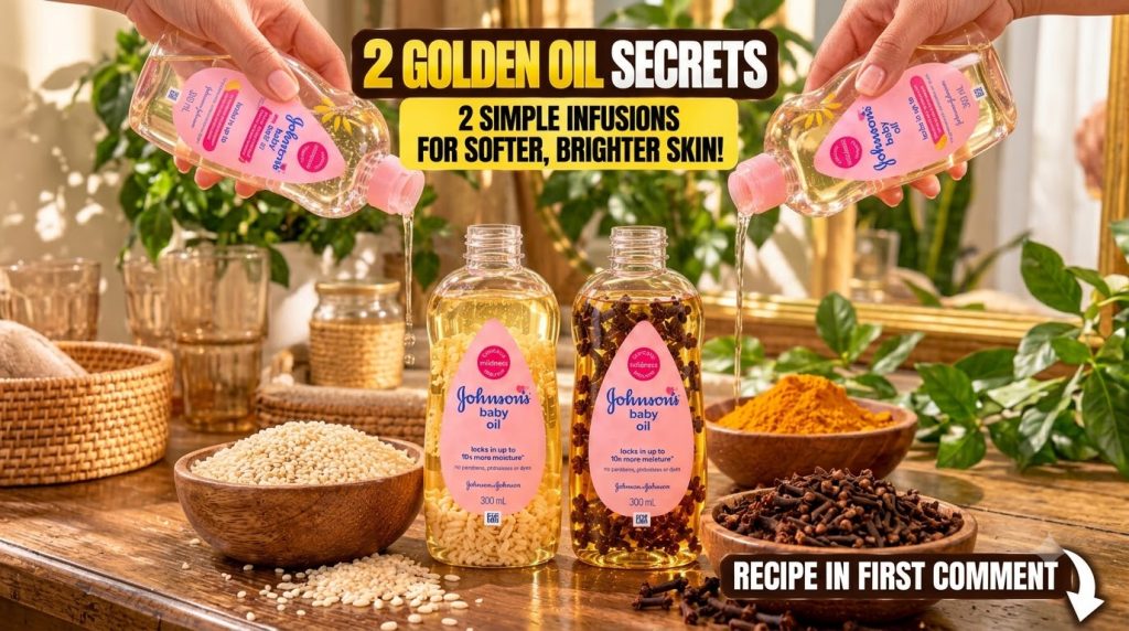 Two hands pouring Johnson s baby oil into two larger bottles one containing white rice grains and the other whole cloves