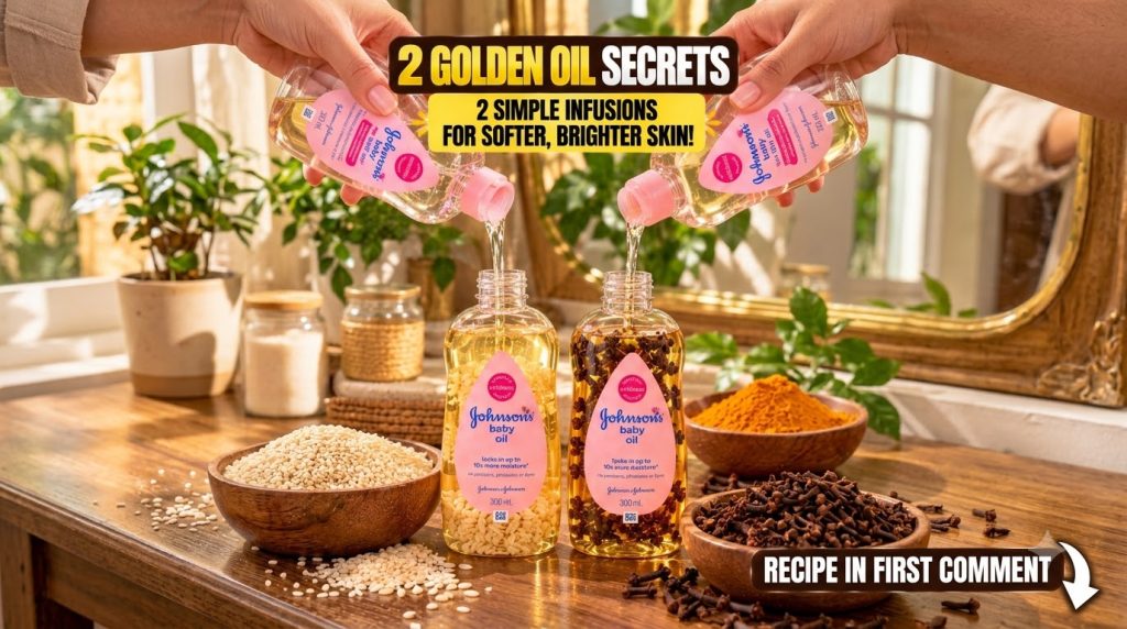 Two hands pouring Johnson s baby oil from smaller bottles into larger ones containing rice and cloves Wooden bowls with 