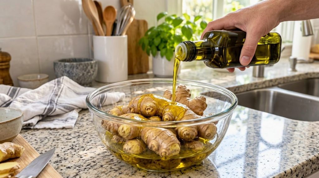 A hand pouring olive oil from a dark green bottle into a clear glass bowl filled with fresh ginger roots The ginger is p