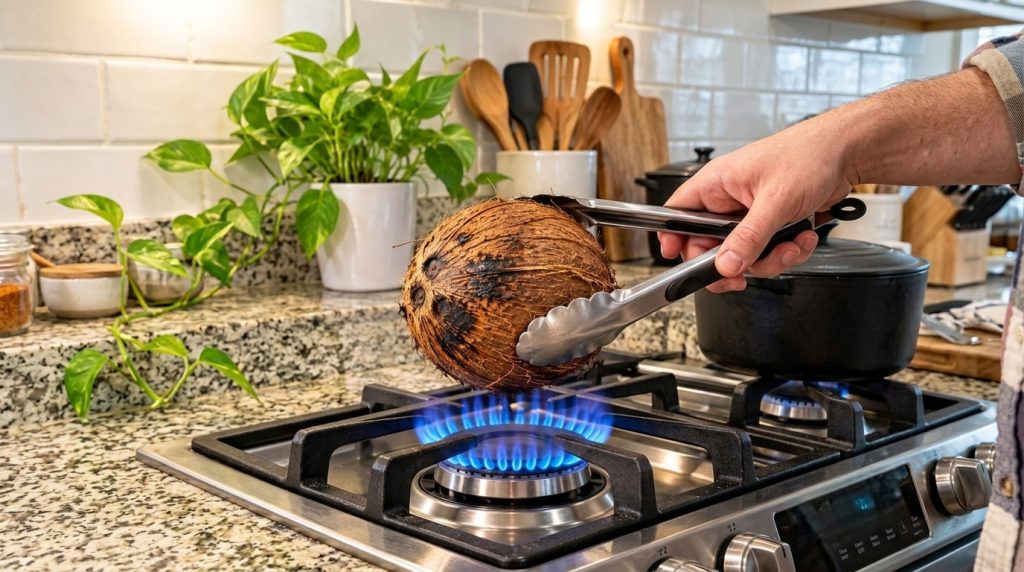 Hands using metal tongs to hold a whole fibrous coconut directly over a blue gas flame on a stainless steel stovetop in 