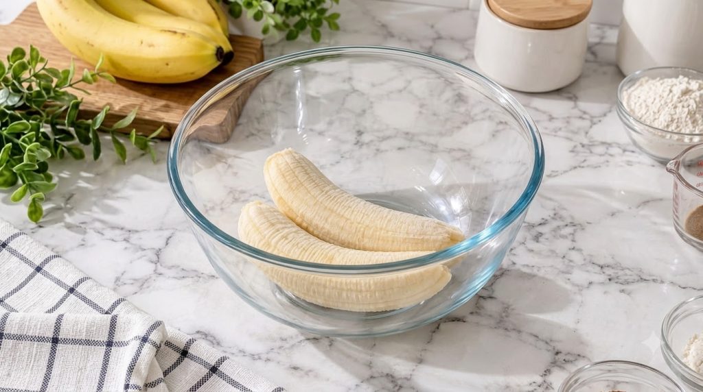 Two ripe peeled bananas in a clear glass mixing bowl centered on a light marble countertop In the background a wooden cu