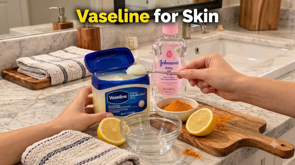Various natural skincare ingredients including a tub of Vaseline a bottle of baby oil bowls of turmeric powder and lemon