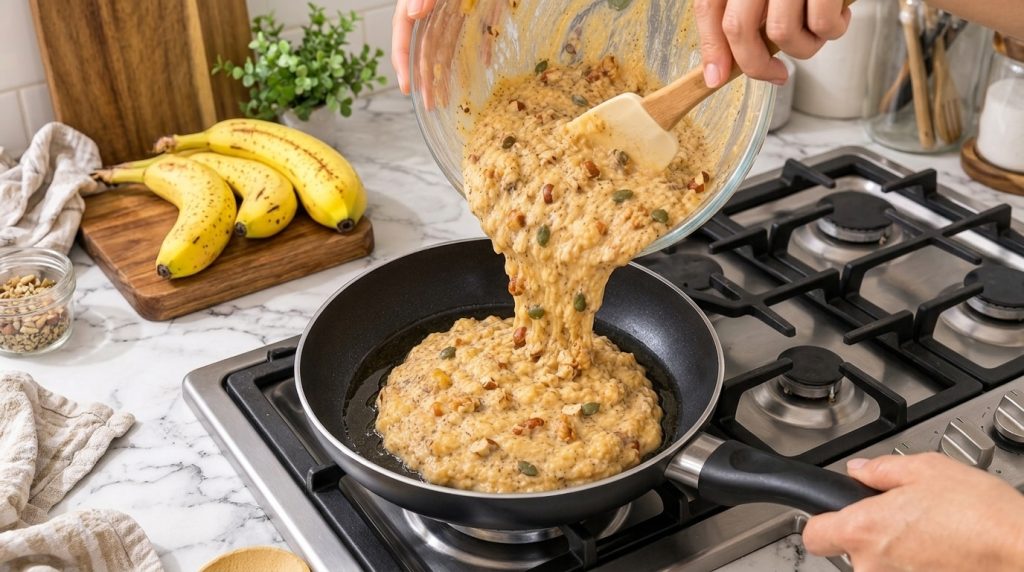 Hands pouring thick textured banana oat pancake batter from a glass bowl into a hot frying pan with visible oats nuts an