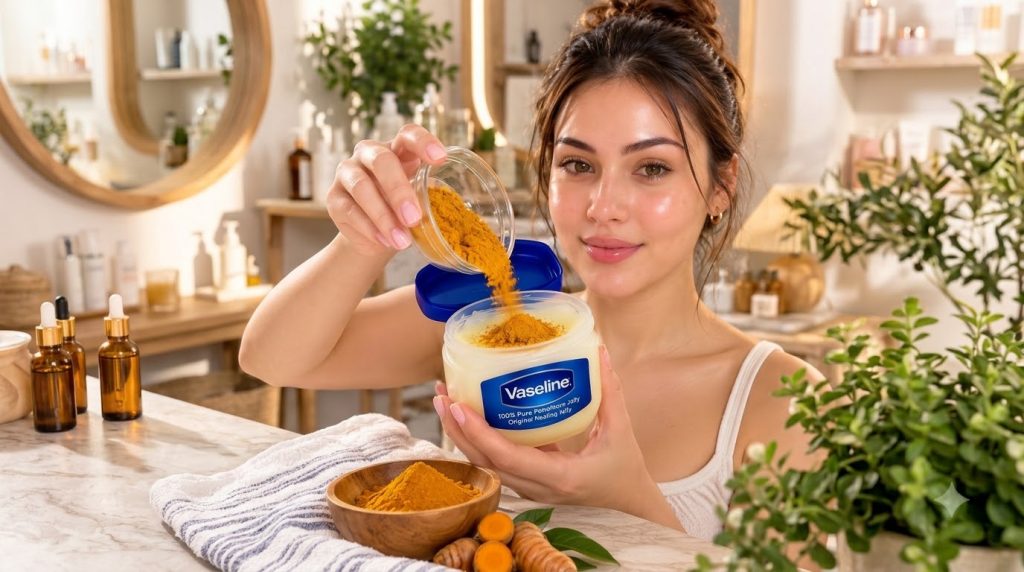 A woman gently pouring turmeric powder into a jar of Vaseline