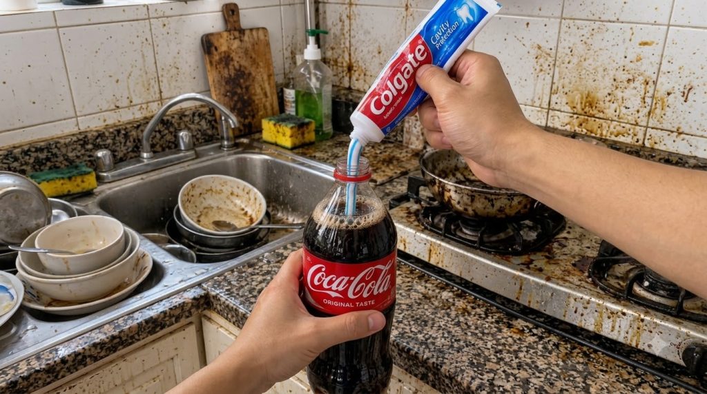 Hands mixing Coca-Cola and toothpaste in a dirty kitchen environment