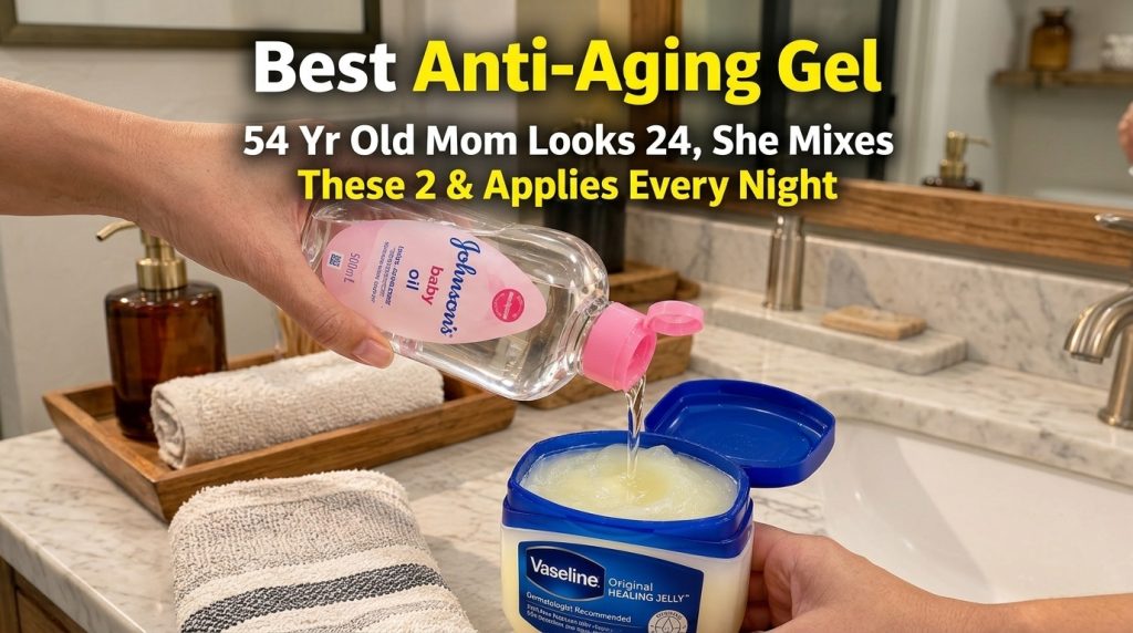 Close-up of hands pouring baby oil into a tub of Vaseline on a bathroom counter
