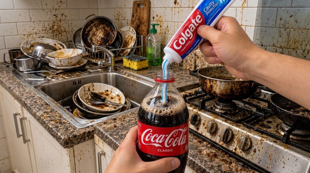 Close-up of hands pouring white toothpaste into a bottle of Coca-Cola causing visible fizzing and bubbles against a mess