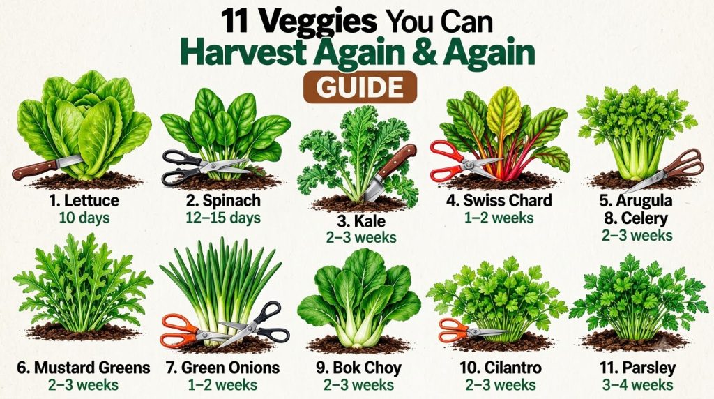 A grid-like display of 11 different fresh vegetables with their roots in soil each accompanied by a harvesting tool its