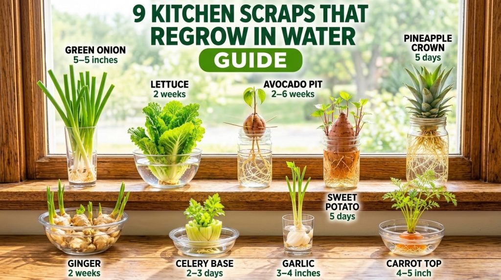 Various kitchen scraps like green onions lettuce avocado pit pineapple crown ginger celery base garlic sweet potato and 