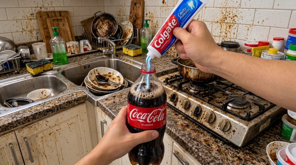 Close-up of hands squeezing a tube of toothpaste into an open bottle of Coca-Cola with fizzing and bubbles set against a