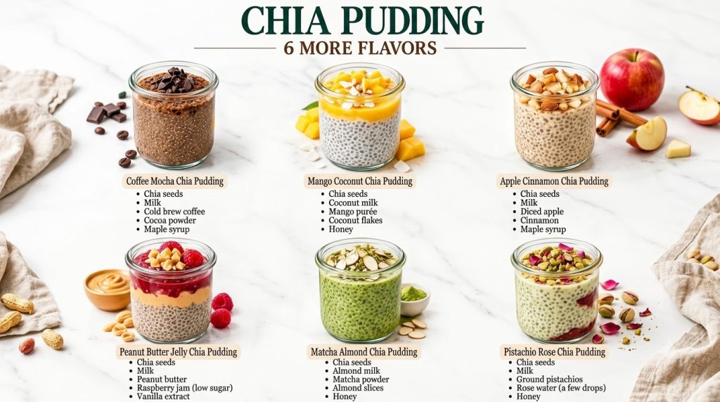 Six distinct flavors of chia pudding each in a clear glass jar with colorful toppings on a white marble surface arranged