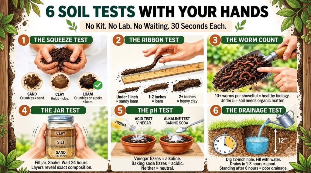 An infographic illustrating 6 simple soil tests performed using hands showing different soil properties like texture pH 