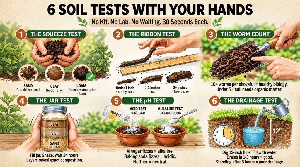 An infographic showing 6 different soil tests that can be done with hands Squeeze Test Ribbon Test Worm Count Jar Test p