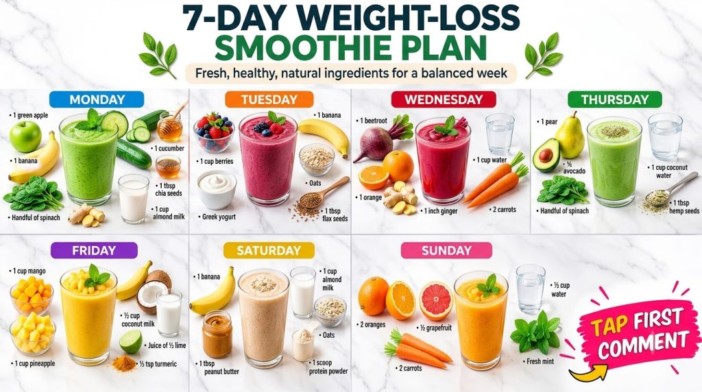 A vibrant well-organized grid layout showcasing various ingredients for seven distinct DIY plant smoothies with each smo