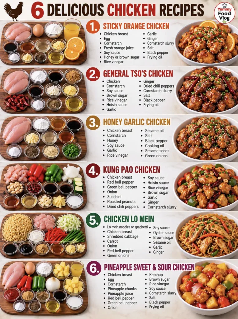 An overhead shot of six different chicken dishes arranged attractively each in its own bowl with fresh ingredients like 