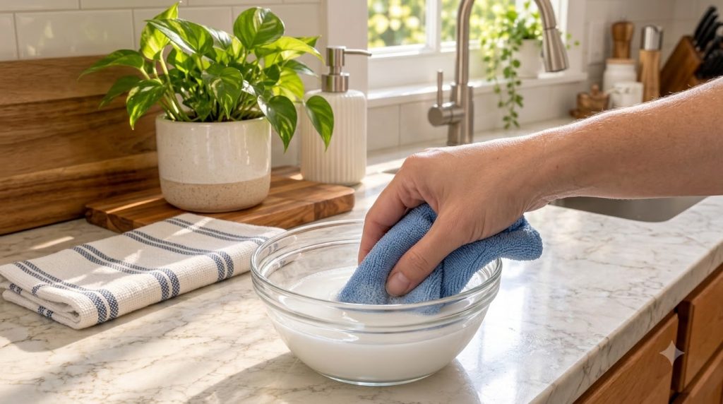 Una mano sumergiendo un paño de microfibra azul en un recipiente de vidrio con una solución de limpieza casera lechosa s