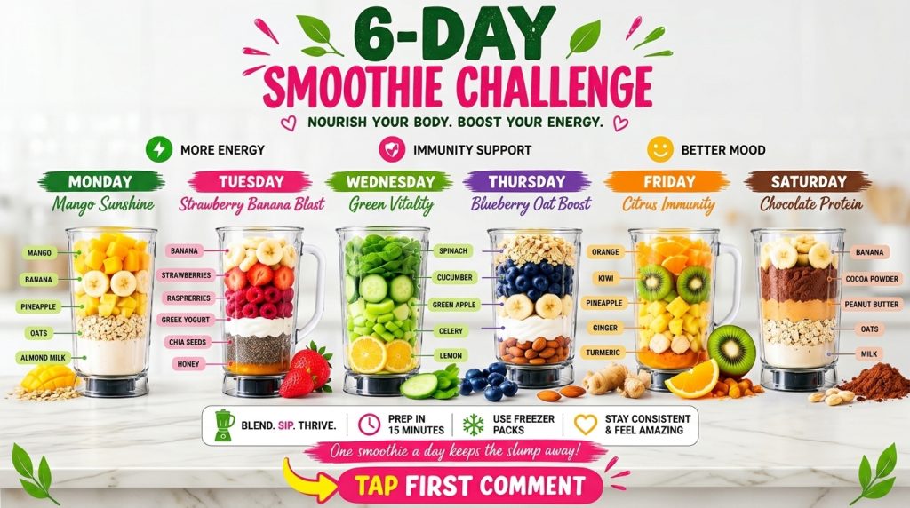 A vibrant infographic titled 6-Day Smoothie Challenge featuring six distinct smoothie recipes in glasses with layered in