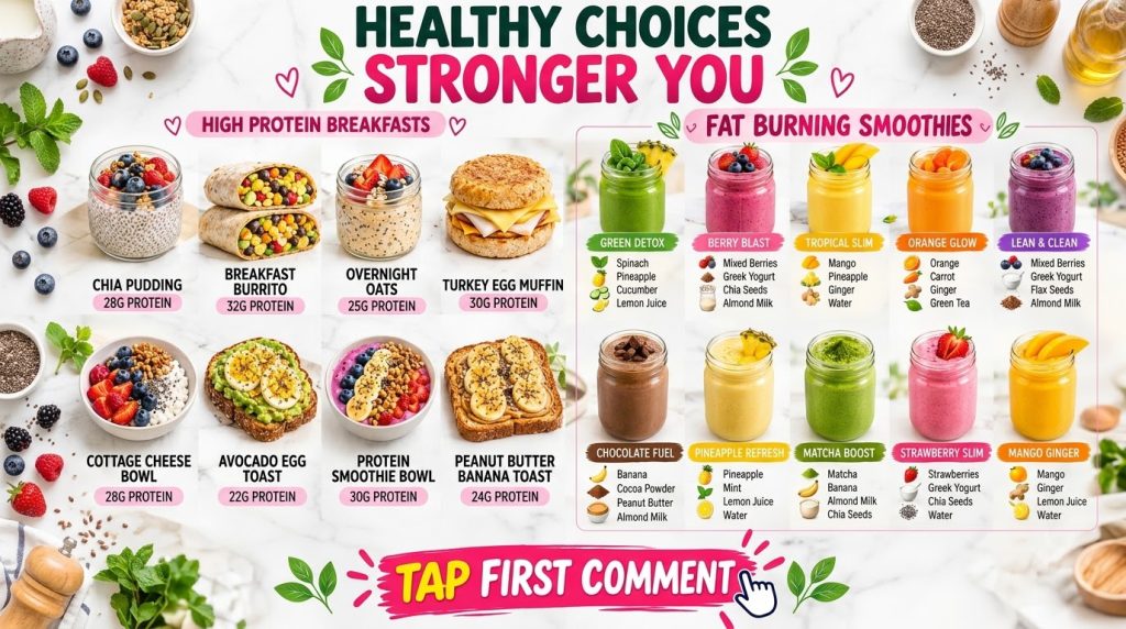 An infographic showing a grid of high-protein breakfast and fat-burning smoothie options with vibrant ingredients and sm