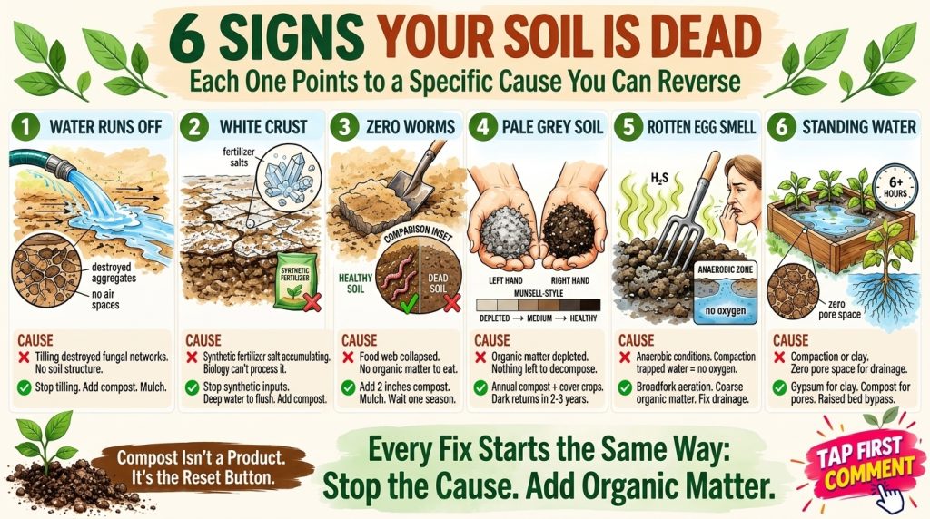 Infographic showing 6 signs of dead soil water runoff white crust lack of worms pale soil rotten egg smell and standing