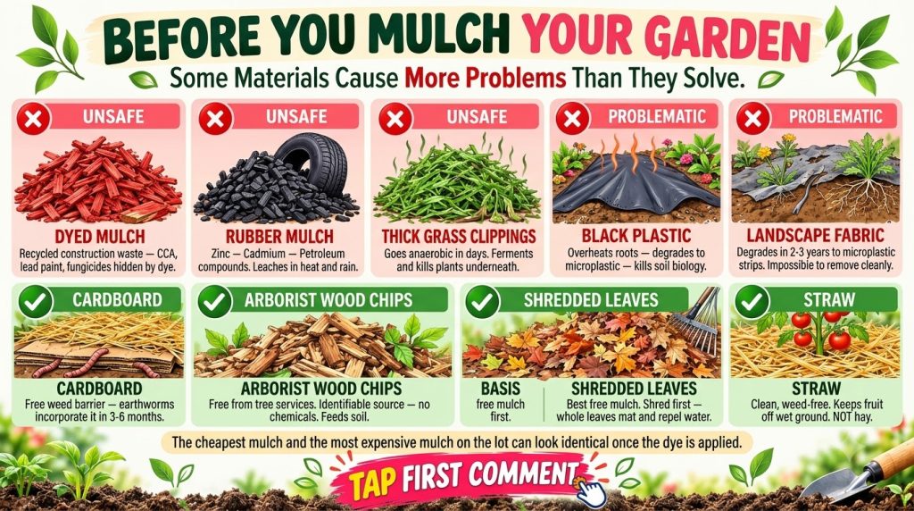 A comprehensive infographic showing different types of garden mulch categorized as UNSAFE PROBLEMATIC and RECOMMENDED wi