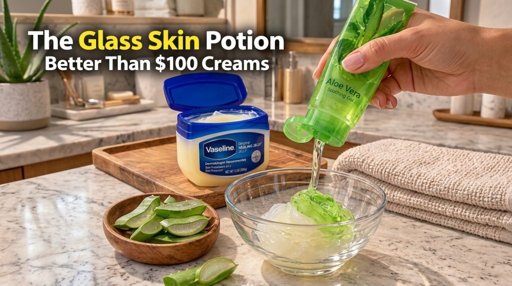 A hand squeezing Aloe Vera Soothing Gel into a clear glass bowl which already contains a white jelly-like substance A tu