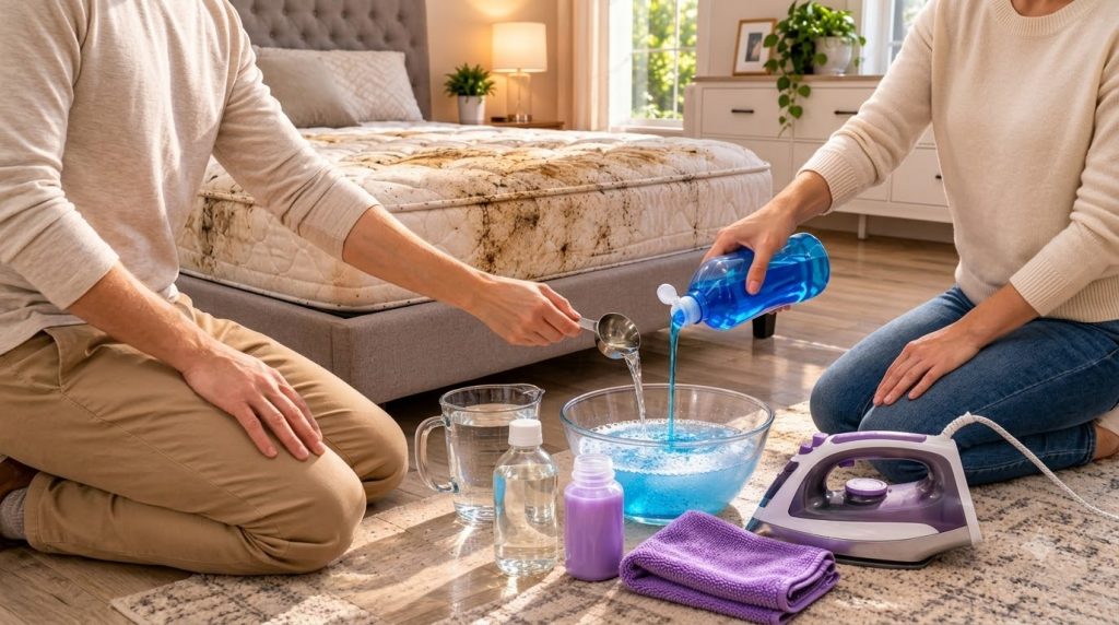 Hands pouring water and blue dish soap into a glass bowl mixing ingredients for a mattress cleaning solution on a wooden