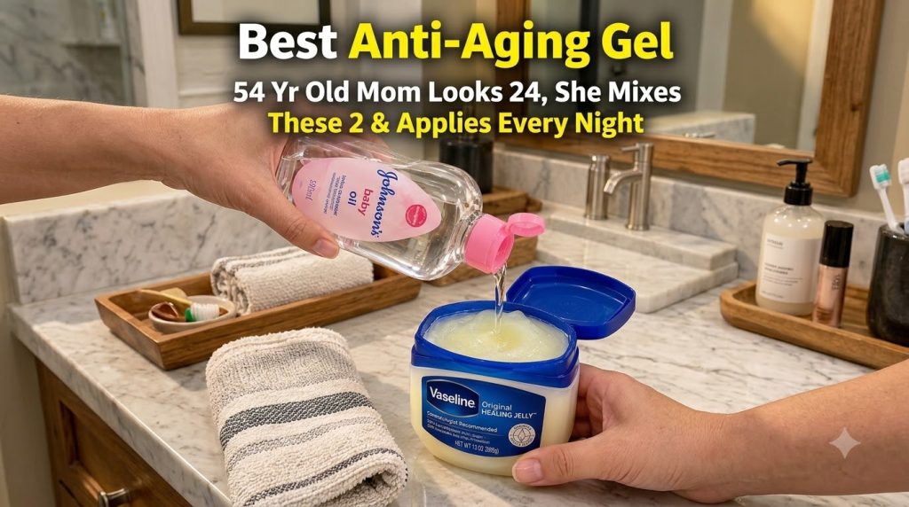 Hands pouring clear Johnson s Baby Oil into a blue tub of Vaseline Original Healing Jelly highlighting the liquid stream
