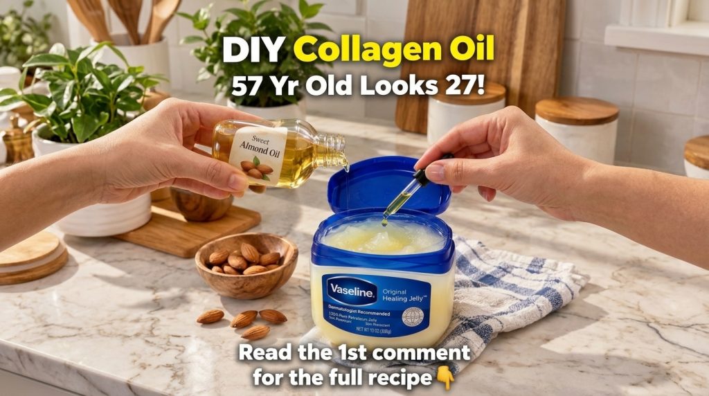 Hands actively mixing ingredients for a DIY beauty hack pouring sweet almond oil into a large tub of Vaseline with a dro