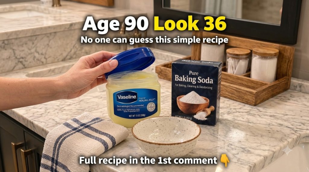 A close-up overhead shot of a marble bathroom countertop with an open jar of Vaseline a box of baking soda an empty spec