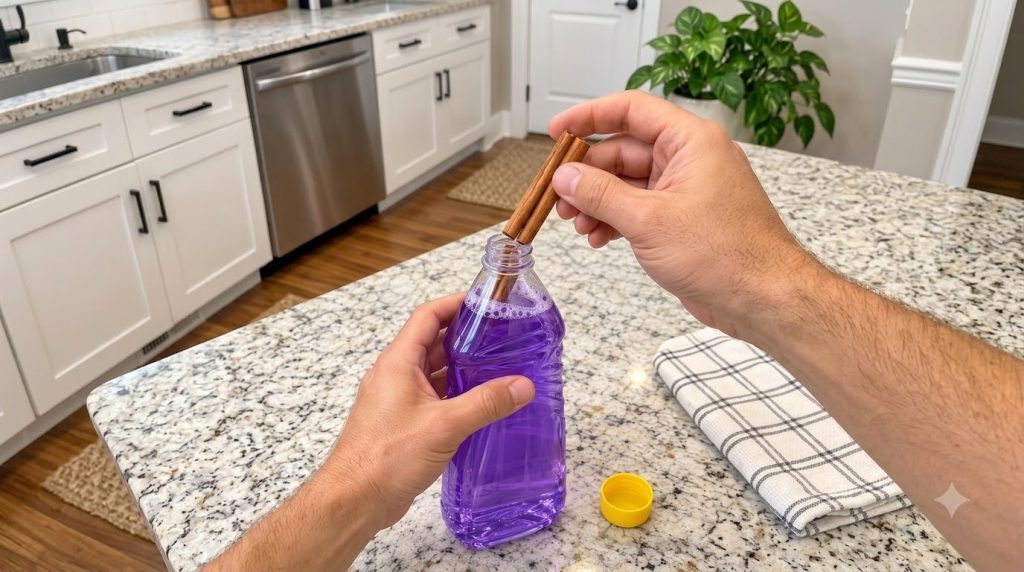 Đôi bàn tay đang cho thanh quế vào chai nước rửa bát màu tím trên bàn bếp